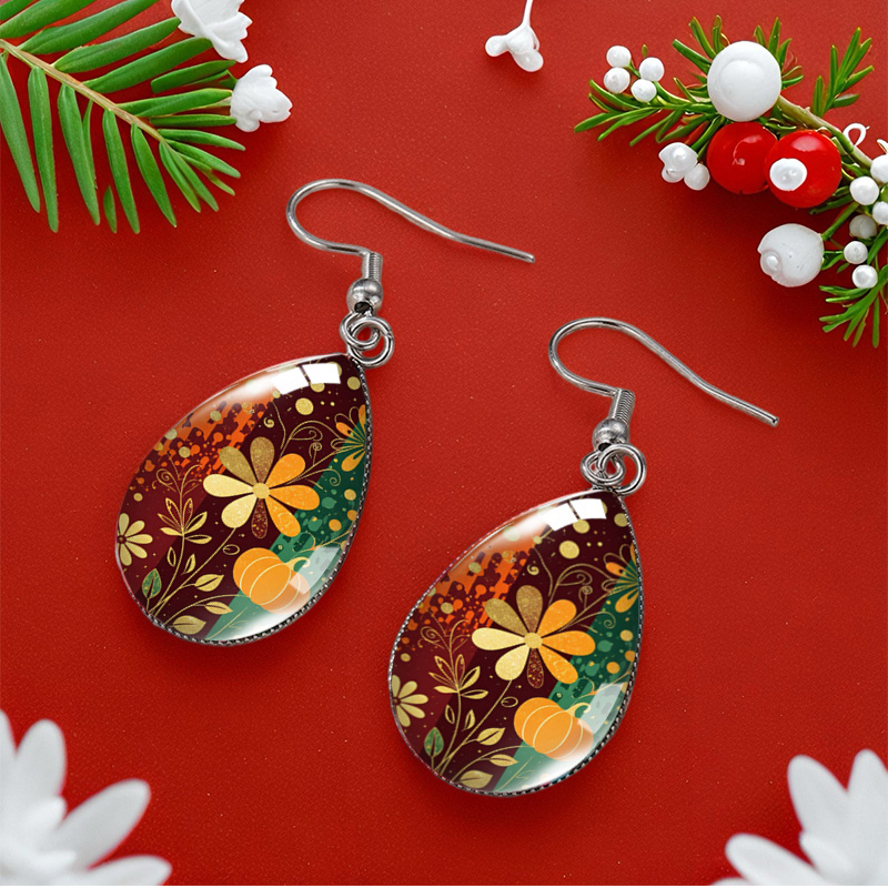 Autumn Pumpkin Flowers Illustration Waterdrop Earrings